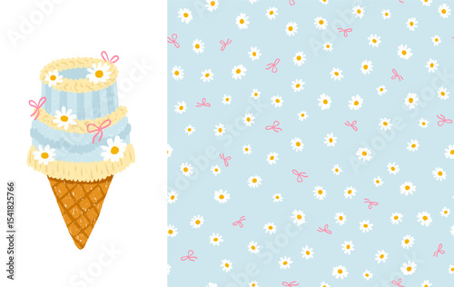 Cute vector set with vintage cake ice cream cone decorated with chamomile flowers and bows, and seamless daisy pattern. Hand-drawn crayon texture, perfect for packaging and textiles.