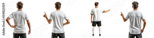 A confident football player in a team jersey pointing upwards and raising hand, celebrating from behind view. Isolated on white background. Generative AI, Transparent background
