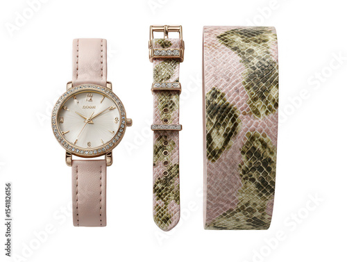 Pink watch with interchangeable snake skin band