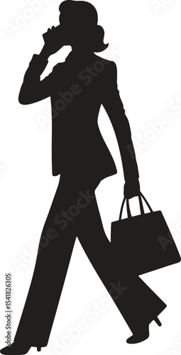 Silhouette Businesswoman on Phone. Communication, client call, multitasking, female leader icons. Vector Illustration on White Background