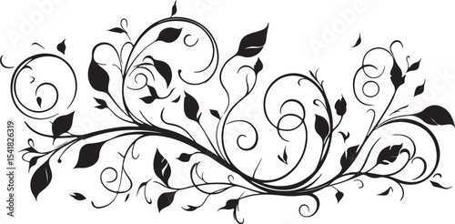 Elegant Black and White Floral Swirl Design Element featuring intricate vines leaves and curls perfect for adding a touch of sophistication to invitations stationery and