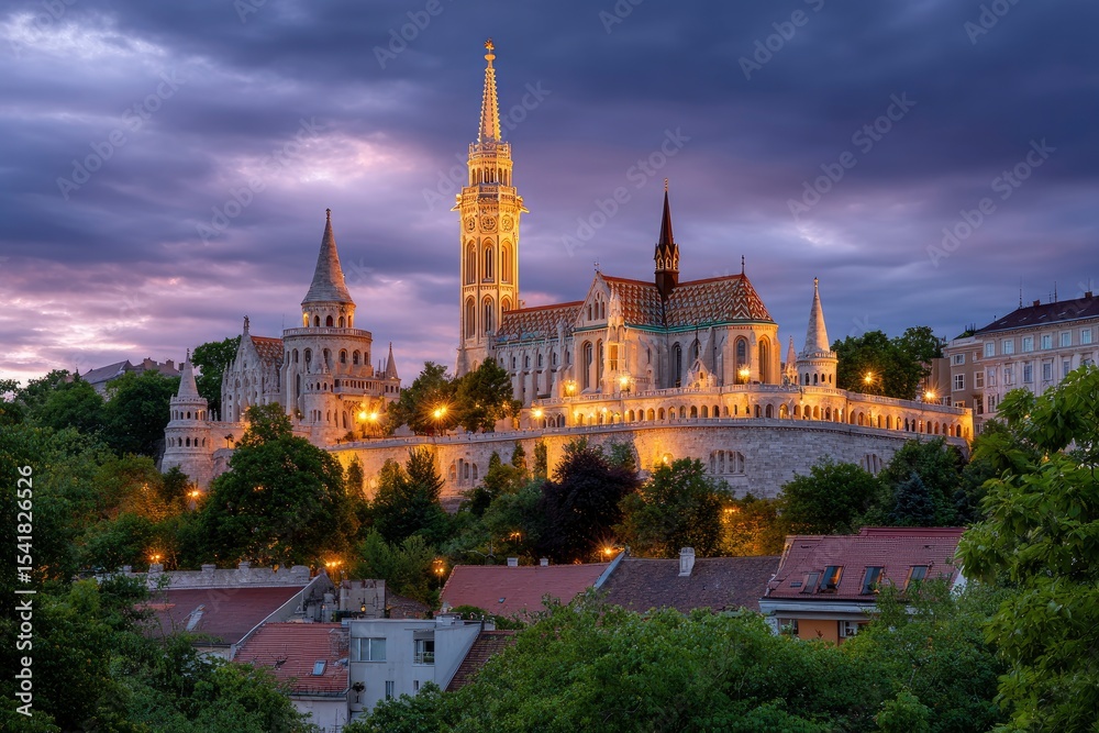 Fototapeta premium Illuminated church and towers rise above trees under a cloudy sky at dusk