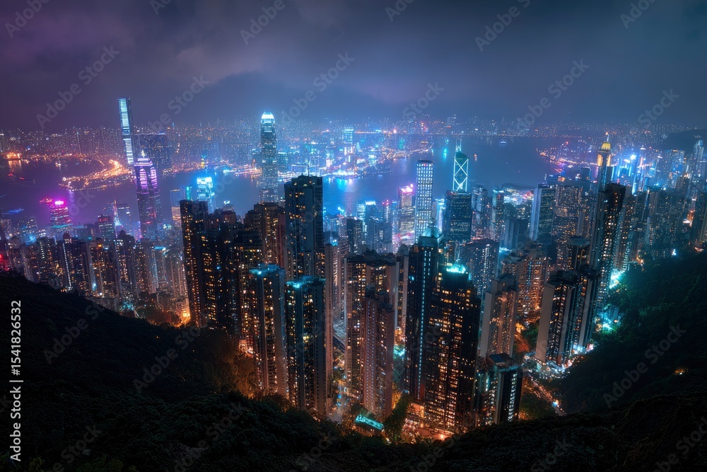 Obraz premium Illuminated cityscape at night tall buildings densely packed view from an elevated angle