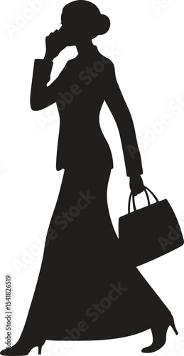 Silhouette Businesswoman on Phone. Communication, client call, multitasking, female leader icons. Vector Illustration on White Background