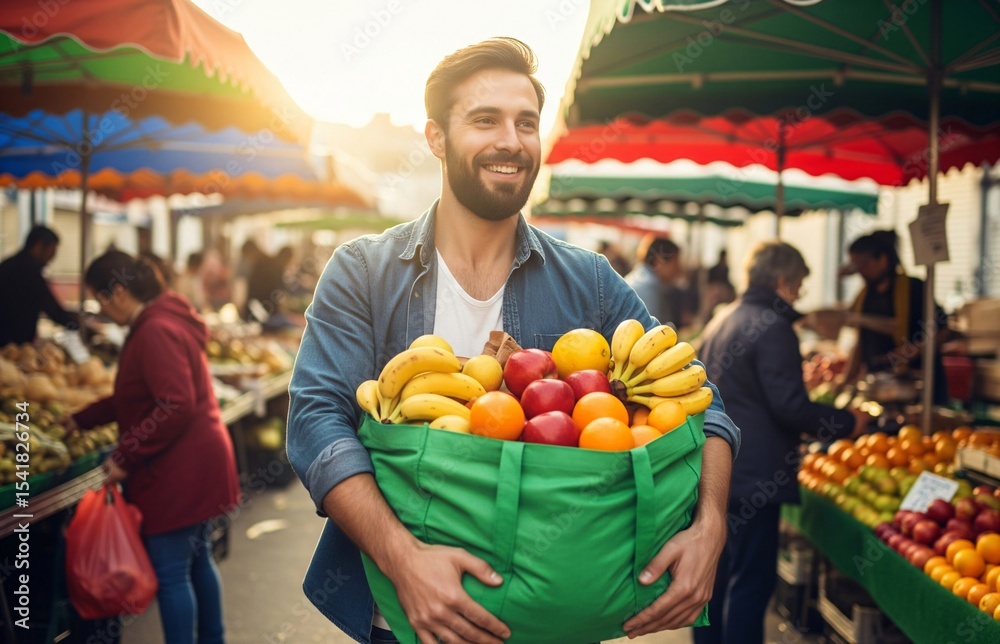 Fototapeta premium International Plastic Bag Free Day campaign visual showing a reusable grocery bag filled with fruits and vegetables being held in a local market.