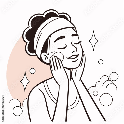 Contoured woman with headband softly touches her face with eyes closed, exhibiting serene expression