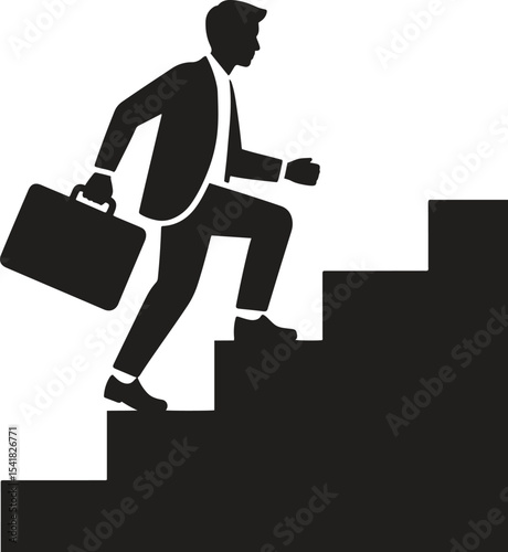 Silhouette Entrepreneur Climbing Stairs. Success, growth, ambition, business achievement icons. Vector Illustration on White Background