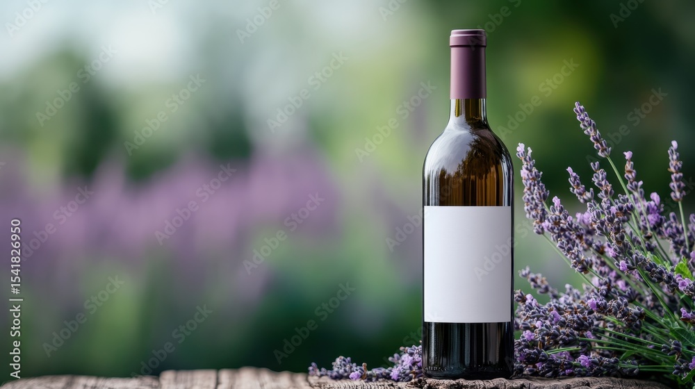 Fototapeta premium A beautiful wine bottle sits elegantly beside vibrant lavender flowers, combined to create a soothing and inviting atmosphere perfect for a relaxing gathering or celebration.