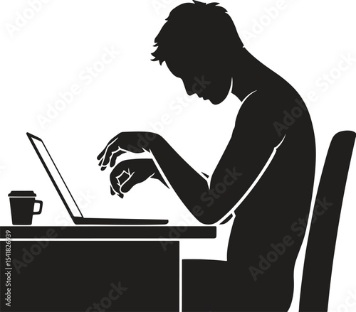 Silhouette Office Worker Typing. Productivity, remote work, digital task, employee icons. Vector Illustration on White Background
