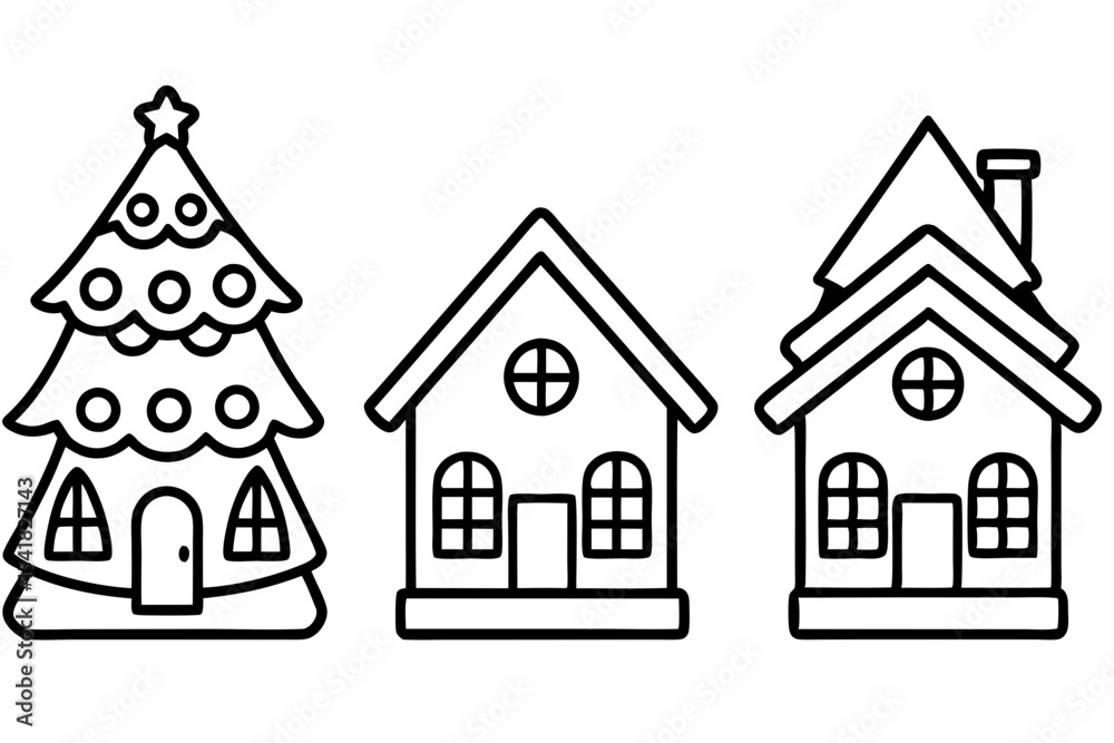 Fototapeta premium Gingerbread House Line Art Set