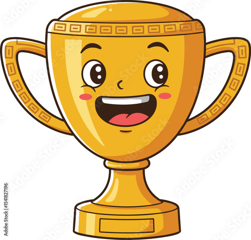 Cheerful Gold Trophy with a Happy Face: Cartoon Illustration of Achievement and Success
