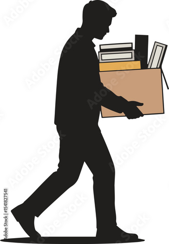 Silhouette Employee Carrying Box. Resignation, layoff, transition, office movement. Vector Illustration on White Background