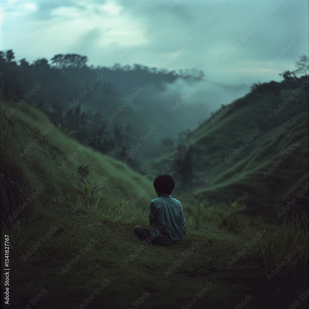 Fototapeta premium Person sits in a valley, misty mountains