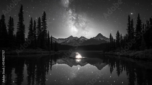 Camping tent in a serene valley under a clear, starry night sky with the Milky Way visible above the surrounding mountains
