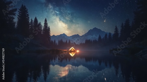 Camping tent in a serene valley under a clear, starry night sky with the Milky Way visible above the surrounding mountains
