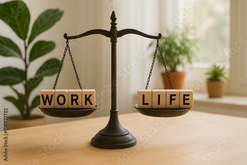 Work life balance concept with scale and wooden blocks, symbolic of time management, mental health, wellbeing, personal responsibility and lifestyle harmony.