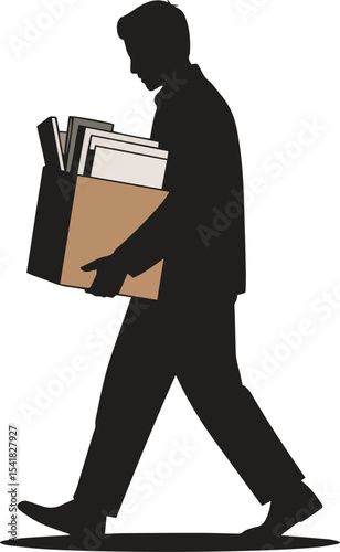 Silhouette Employee Carrying Box. Resignation, layoff, transition, office movement. Vector Illustration on White Background