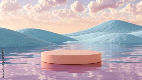 Pastel stage podium on water with dreamy landscape and soft clouds in the background
