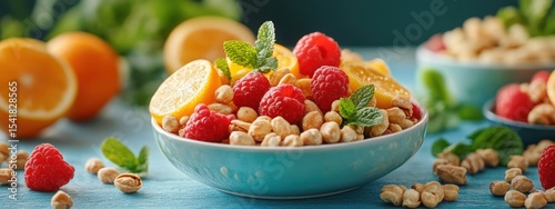 Healthy Breakfast Bowl Raspberries Oranges Nuts Cereal