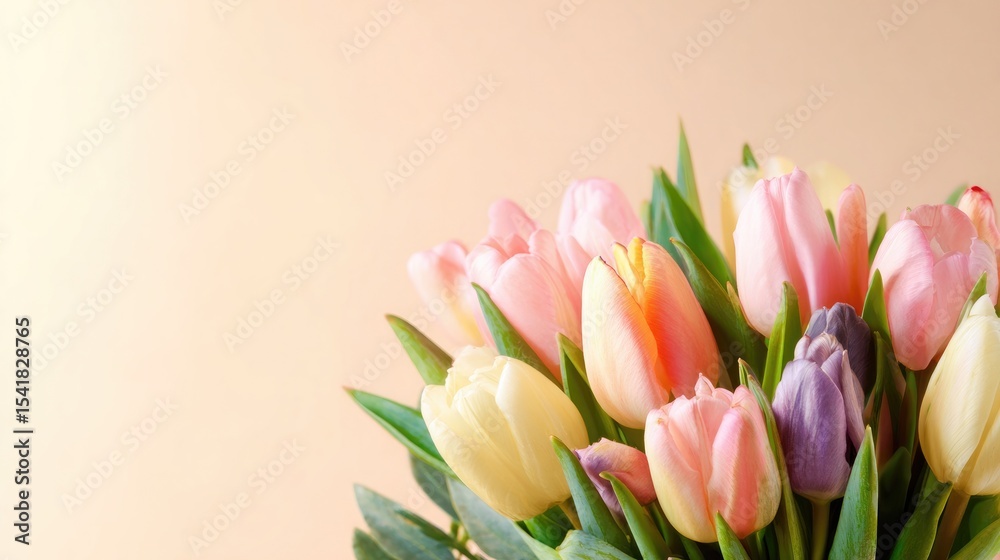 Fototapeta premium The bright tulips in the pink background are shaded by green leaves, which further highlight the beauty of the painting. The fresh beauty of spring flowers blends harmoniously with nature.
