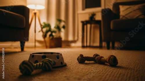 Dog toys and feeding bowl on carpet in cozy living room at night  