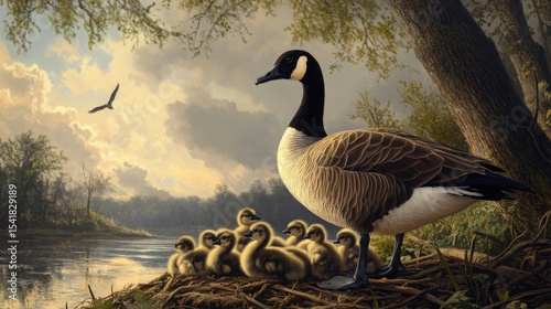 canadian goose protecting her babies
