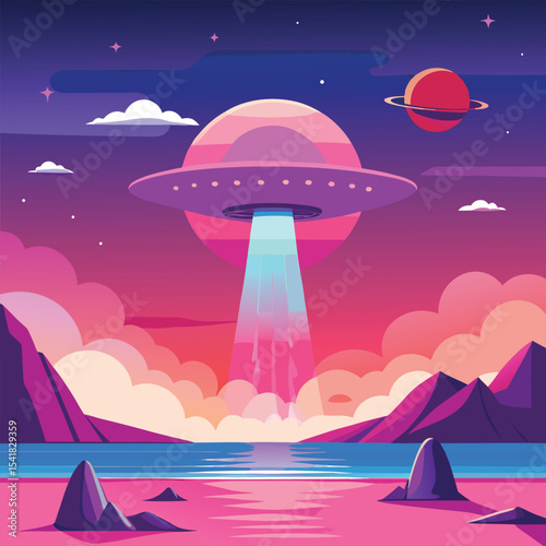 A colorful retro illustration of a ufo hovering above an alien landscape during sunset