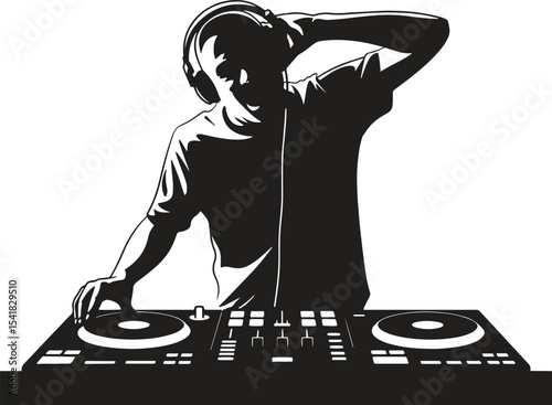 Silhouette of DJ at Turntable. Music, party, club, mixing, entertainment. Vector illustration on white background