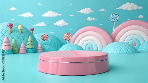 Whimsical 3d rendering of a sweet candy land scene with a pink podium display