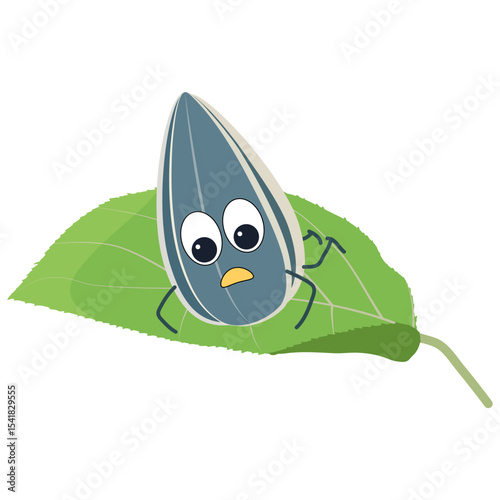 A sunflower seed flies onto an apple leaf and looks down in surprise. Cartoon vector illustration for children's book, worksheet, print.
