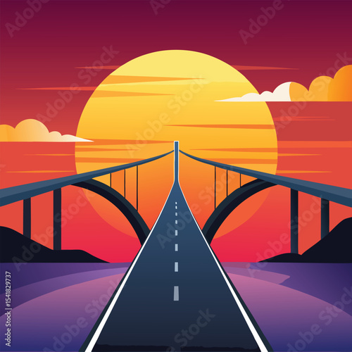 Bridge and road leading toward the setting sun creating a scenic illustration