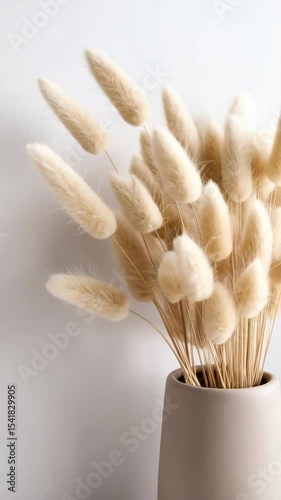 Dried bunny tail grass arrangement in a ceramic vase against a clean white wall providing a natural minimalist decorative accent indoors