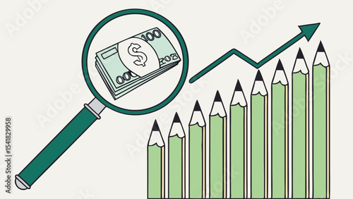 Magnifying glass highlights cash with rising graph and pencils, symbolizing financial growth