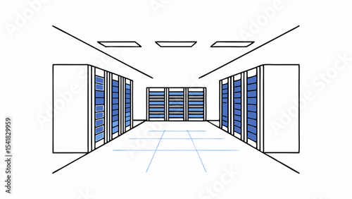 High tech data center with rows of storage shelves and organized layout