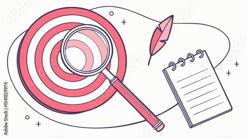 Magnifying glass on target with notepad and feather, symbolizing focus and clarity