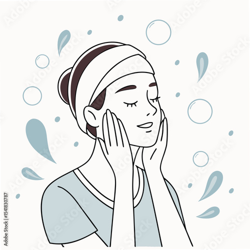 Serene woman with towel gently touches her face, surrounded by water droplets in sketch style