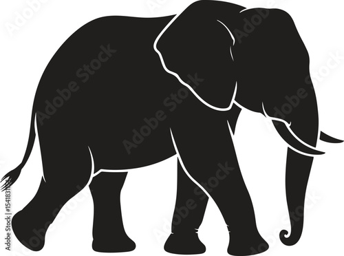 Silhouette of Elephant Walking. Wildlife, safari, nature, mammal, strength. Vector illustration on white background