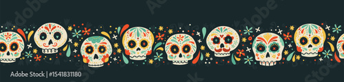 Day of the dead, Dia de los muertos background and seamless pattern, hand drawn with decoration and flowers, great for textiles, banners, wallpapers, wrapping - vector design