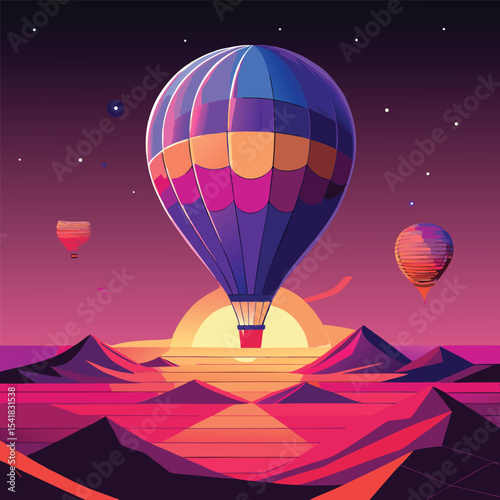 Vibrant hot air balloons ascending over stylized mountains and sunset at dusk