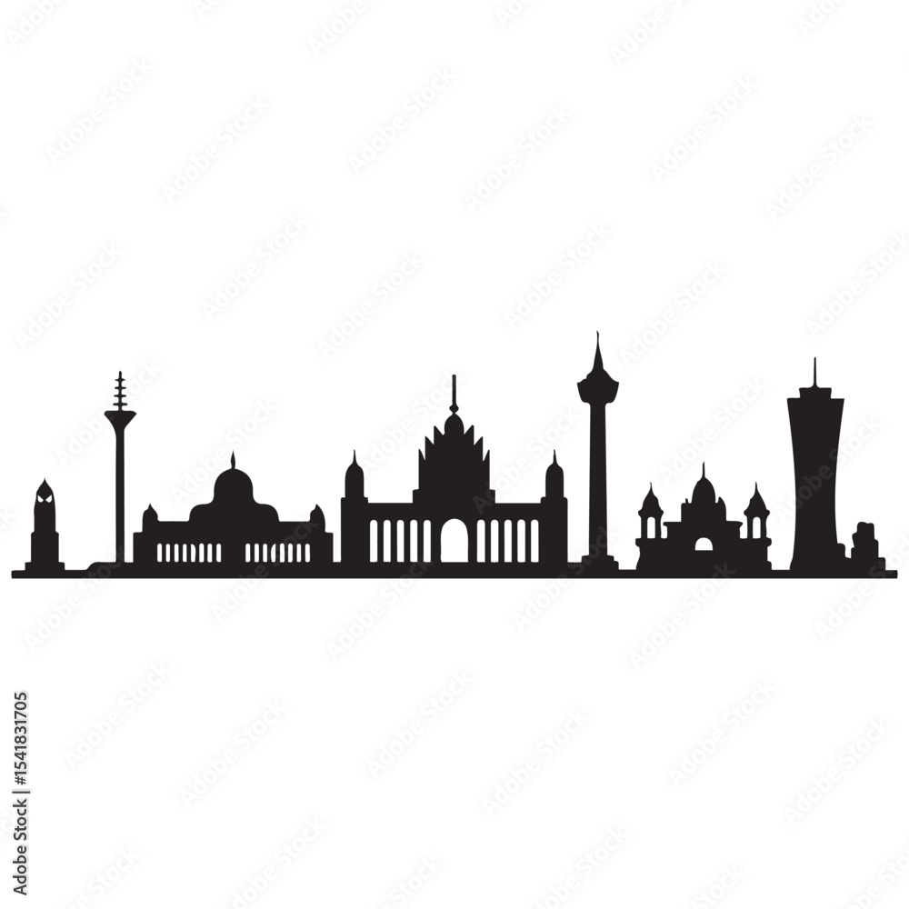 Naklejka premium Vector Jakarta skyline. Travel Jakarta famous landmarks. Business and tourism concept for presentation, banner, web site. Vector black silhouette. with white background