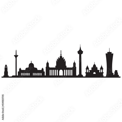 Vector Jakarta skyline. Travel Jakarta famous landmarks. Business and tourism concept for presentation, banner, web site. Vector black silhouette. with white background