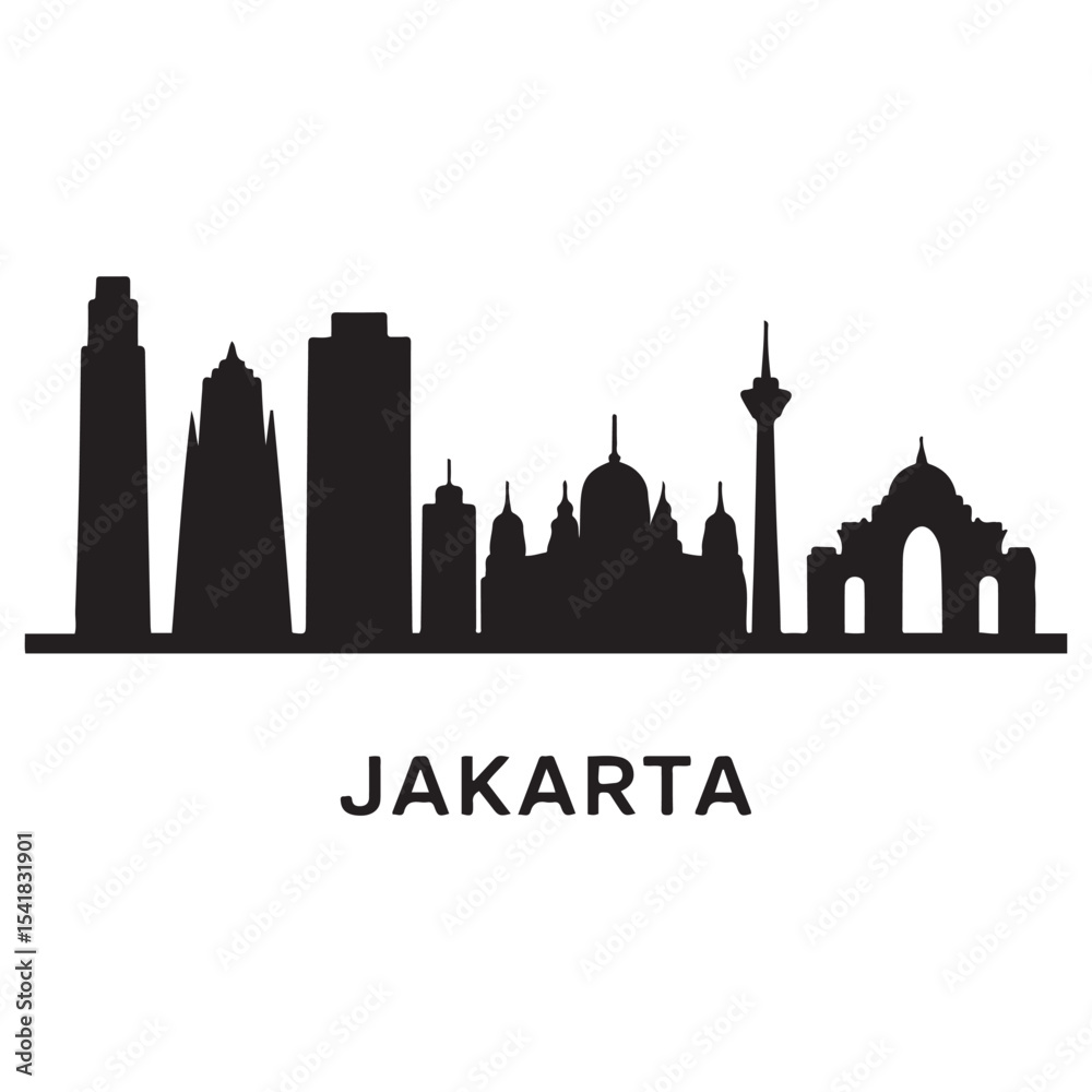 Fototapeta premium Vector Jakarta skyline. Travel Jakarta famous landmarks. Business and tourism concept for presentation, banner, web site. Vector black silhouette. with white background