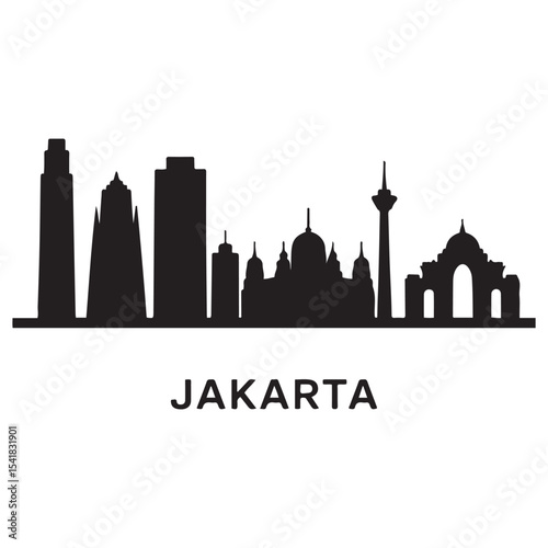 Vector Jakarta skyline. Travel Jakarta famous landmarks. Business and tourism concept for presentation, banner, web site. Vector black silhouette. with white background