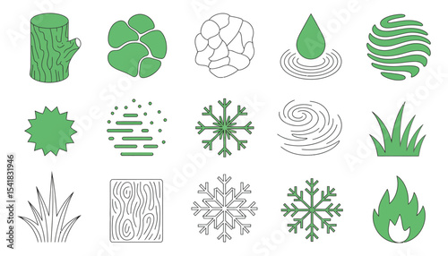 Green leaves and eco-friendly icons illustrate nature's set of symbols