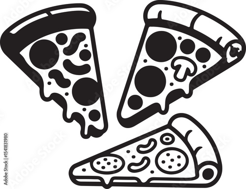 Three delicious pizza slices black and white illustration
