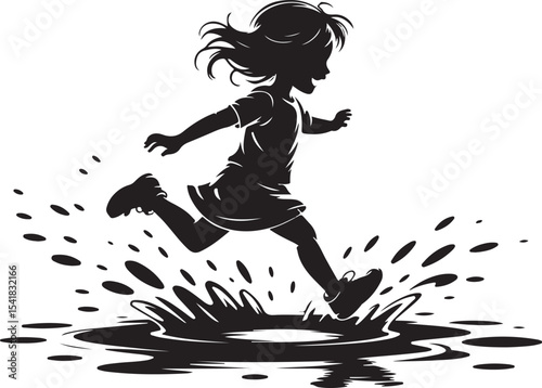 Silhouette of girl jumping in puddle splashing water