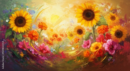 Vibrant floral painting with sunflowers and colorful blossoms