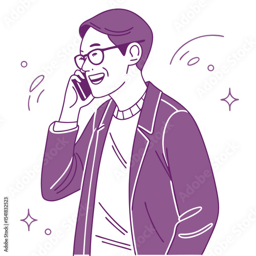 Smiling Asian man wearing glasses and jacket converses on the phone joyfully