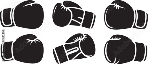 Six black boxing gloves silhouette icons