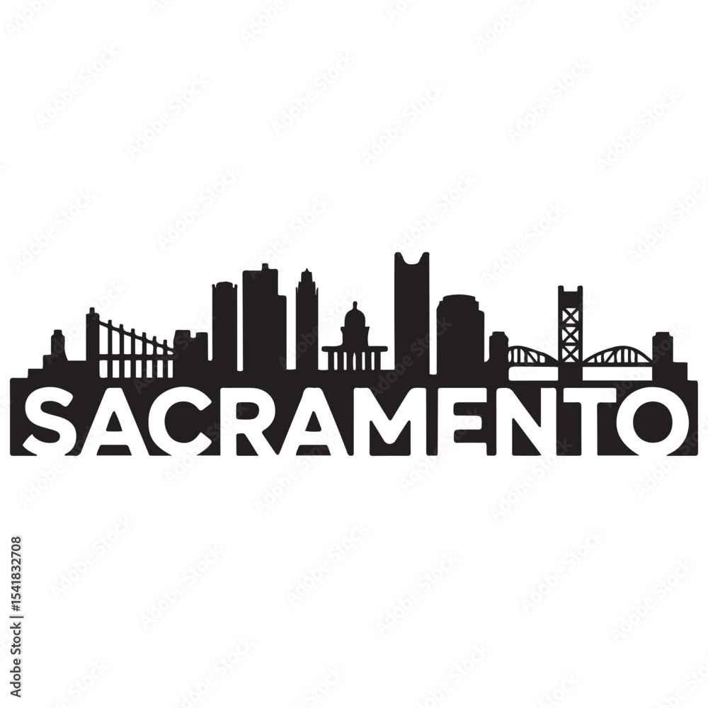 Naklejka premium Sacramento city skyline horizontal banner. Sacramento city, California USA. Vector template for your design. Vector black silhouette. with white background